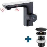 Zwei Infrarotsensor Wasserhahn Automatik Waschtischarmatur + Ablaufgarnitur mit Überlauf, Einhandmischer Wasserhahn Bad mit Pop Up, Schwarz - Lonheo von LONHEO