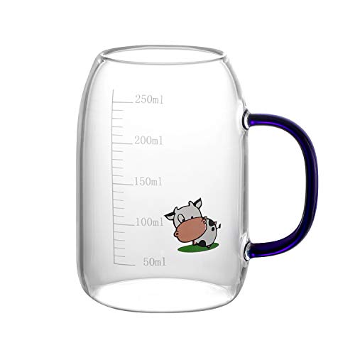 Glasbecher Kinder 250 ml Milchbecher Hitzebeständig Wasserbecher Messbecher mit Skala Mikrowellengeeignet Trinkbecher Junge Mädchen Saftbecher Milchtasse Cartoon Kinderbecher für Wasser Milch Saft von LONTG