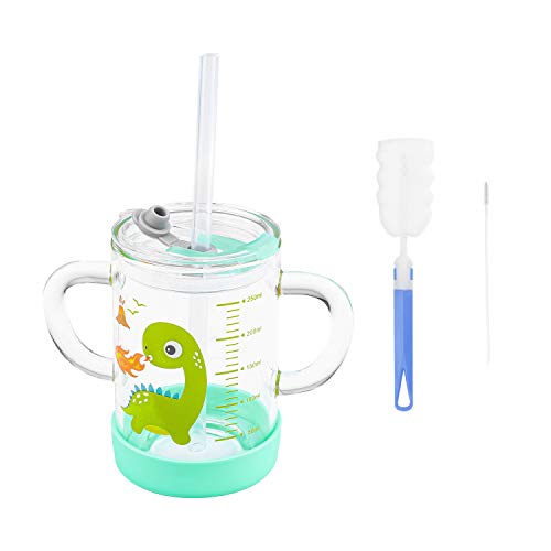 LONTG Glasbecher 250ml Milchbecher mit Strohhalm und Deckel Auslaufsicher Wasserbecher mit Skala Mikrowellengeeignet Milchtasse Cartoon Becher Junge Mächen Trinkbecher für Saft Wasser Milch von LONTG