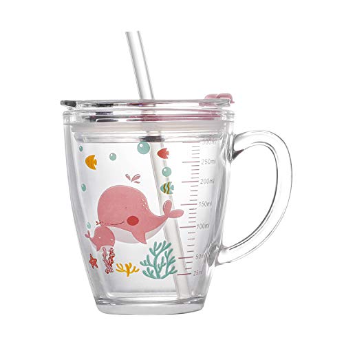 Glasbecher Kinder 300ml Milchbecher mit Strohhalm und Deckel Auslaufsicher Wasserbecher mit Skala Mikrowellengeeignet Milchtasse Cartoon Kinder Becher Junge Mächen Trinkbecher für Saft Wasser Milch von LONTG
