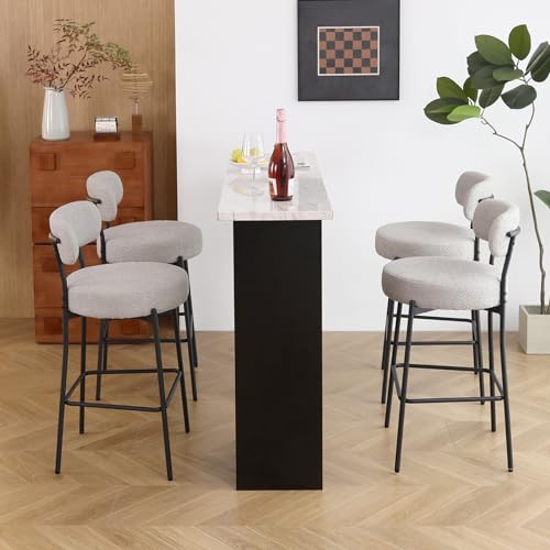 LONXIU Barhocker 4er Set, Barhocker mit Lehne aus Bouclé-Stoff, barstuhl mit schwarzen Metallfüßen für Küche, Bar, Esszimmer, Grau von LONXIU