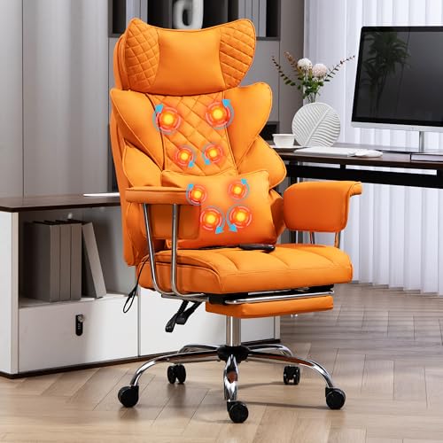 LONXIU Bürostuhl mit Fußstütze - Ergonomischer Gaming- und Chefsessel mit 360° Drehfunktion, 90-135° Verstellbarer Rückenlehne und weichen Armlehnen für optimalen Komfort (Mit Massage, Orange) von LONXIU
