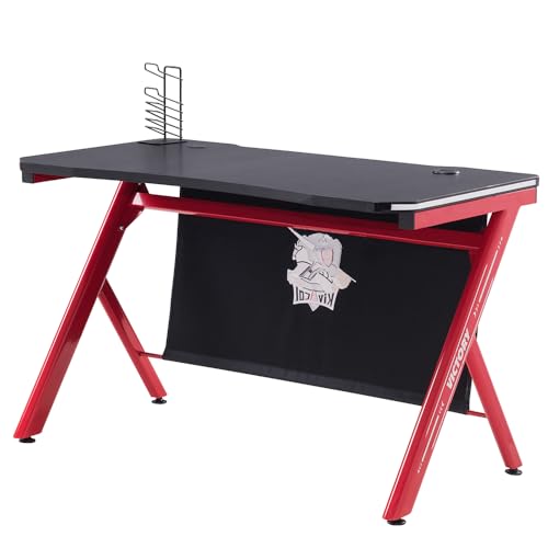 LONXIU Gaming Tisch 142 * 66cm, Ergonomischer Gaming Tisch mit Blocking Cloth, Computer Tisch mit Handle Stand und Headphone Hook, Red Stand Black Tabletop von LONXIU