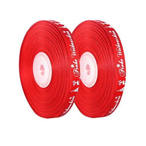 LOOGI 22m Schleifenband 10mm Satinband, Geschenkband Weihnachten Rot Dekoband Weihnachtsband Stoffband mit Frohe Weihnachten, 2er-Rolle von LOOGI