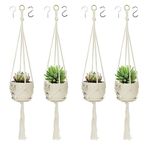 LOOGI Makramee Blumenampel 4er Set,Boho Deko Baumwollseil Hängeampel Blumentopf Pflanzen Halter Aufhänger für Innen Außen Decken Balkone Wanddekoration von LOOGI