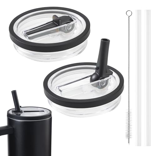 2 Stück 40oz Tasse wiederverwendbare Ersatzdeckel mit Strohhalm/Premium Ersatzdeckel mit Tassenbürste,auslaufsicher und staubdicht,Stanley Tasse Zubehör,inkl. Deckel mit Strohhalm (Schwarz) von LOOHAOC