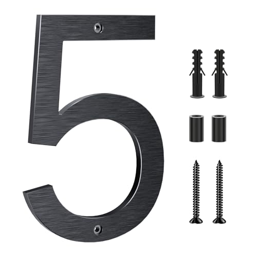 Lookopen Hausnummer Schwarz aus massivem Aluminium, Höhe 20cm Stärke 0,8cm Beidseitig Gebürstet Ziffer 5 von LOOKOPEN