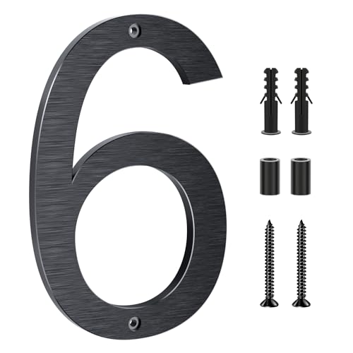 Lookopen Hausnummer Schwarz aus massivem Aluminium, Höhe 20cm Stärke 0,8cm Beidseitig Gebürstet Ziffer 6 von LOOKOPEN