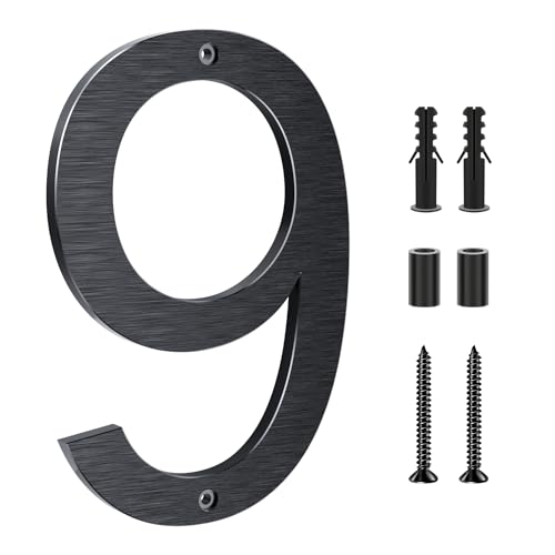Lookopen Hausnummer Schwarz aus massivem Aluminium, Höhe 20cm Stärke 0,8cm Beidseitig Gebürstet Ziffer 9 von LOOKOPEN