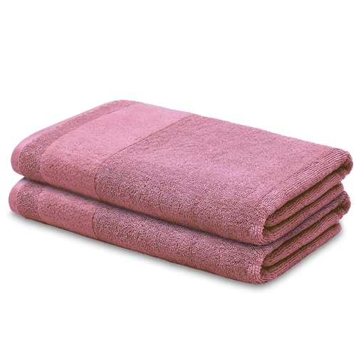 LOOKS BY WOLFGANG JOOP 2X Duschtuch 70x140 cm – 100% Baumwolle Doppelpack Luxus Duschtücher mit Aufhänger & Logostick, 2er Set große Handtücher rosa von LOOKS BY WOLFGANG JOOP