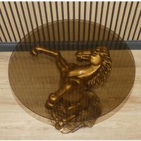 Extravaganter 70Er Jahre Tisch Glas Kleiner Couchtisch Ablage Beistelltisch Rauchglas Retro Pferd Gold Prunktisch Hollywood Regency Sockel von LOOKandVINTAGE