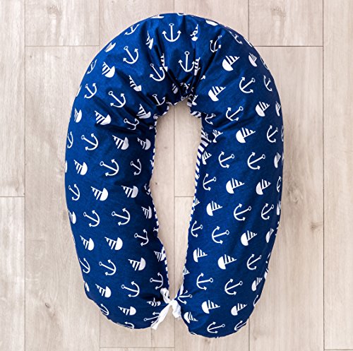 LOOLAY® Bezug für Stillkissen XXL Baby Lagerungskissen Seitenschläferkissen 170cm Muster: Anker Marineblau/Streifenmuster Marineblau von LOOLAY