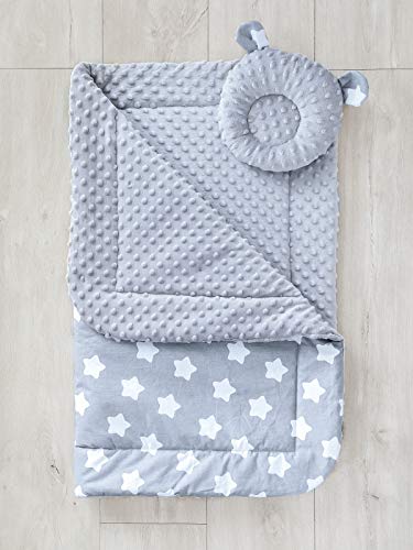 LOOLAY® Zweiseitige warm Babydecke Solo/oder mit Bärchen Kissen Decke 80 x 100 cm 100% Baumwolle/Minky Kinderwagendecke Krabbeldecke Kuscheldecke (Sterne Lebkuchen grau/Minky grau B) von LOOLAY