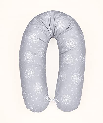 LOOLAY Schwangerschaftskissen - Stillkissen 170 cm - Seitenschläferkissen 100% Baumwolle - mit Abnehmbarem Bezug - Ergonomisches Schwanger Kissen für Schlafen (Pustelblume Grau) von LOOLAY