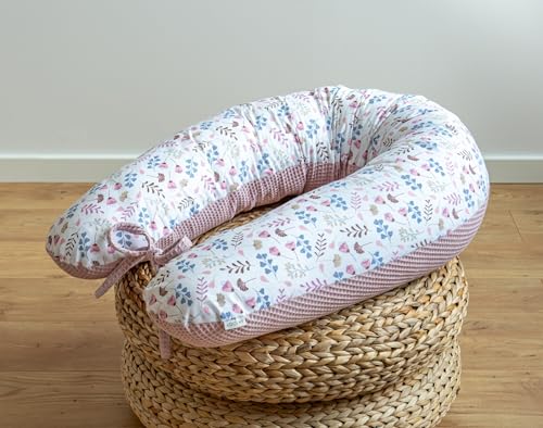 LOOLAY BLUMENWIESE/Braun Rosa Türkis Gelb Weiß WAFFELPIQUE/Glatt 100% Baumwolle Stillkissen Seitenschläferkissen XXL Schwangerschaftskissen 170 cm (ROSA Waffel/ROSA Wiese) von LOOLAY