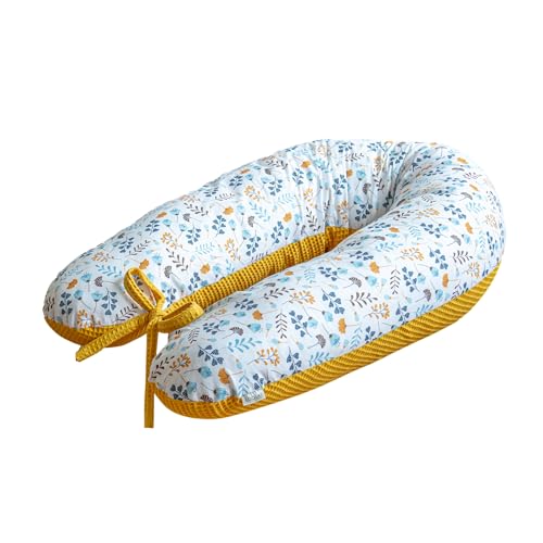 LOOLAY Schwangerschaftskissen - Stillkissen 170 cm - Seitenschläferkissen 100% Baumwolle - mit Abnehmbarem Bezug - Ergonomisches Schwanger Kissen für Schlafen (Senfgelb Waffel/Turkis-Gelb Wiese) von LOOLAY