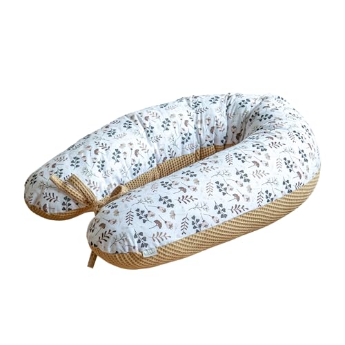 LOOLAY Schwangerschaftskissen - Stillkissen 170 cm - Seitenschläferkissen 100% Baumwolle - mit Abnehmbarem Bezug - Ergonomisches Schwanger Kissen für Schlafen (Taupe Waffel/Braun Wiese) von LOOLAY