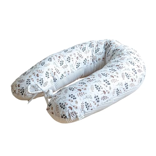 LOOLAY Schwangerschaftskissen - Stillkissen 170 cm - Seitenschläferkissen 100% Baumwolle - mit Abnehmbarem Bezug - Ergonomisches Schwanger Kissen für Schlafen (Weiß Waffel/Braun Wiese) von LOOLAY