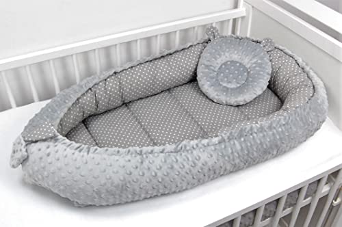 LOOLAY Baby Kokon Set Kuschelnest Nestchen Babynestchen Kokon Baby-Reisebett Babybett Cocoon Mini Pünktchen grau/Minky Silber-grau (2-seitig Kokon + Bärchen) von LOOLAY