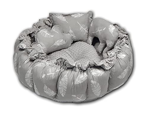 LOOLAY Babynest 3in1 XXL – Nestchen Baby Spielmatte und Reisebett 90/155cm - Handgemacht aus Baumwolle mit Rüschen - Ideal fur Zwillinge (Feder grau/Minky grau) von LOOLAY