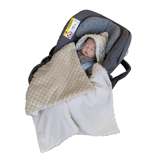 LOOLAY Einschlagdecke Babyschale - Babydecke Autositz 90x90 cm - Fußsack für Autositz Ganzjahresdecke - Minky und Bio-Baumwolle - 3 und 5 Punkt Gurt kompatibel (Beige) von LOOLAY