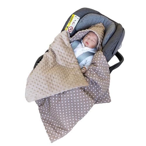 LOOLAY Einschlagdecke Babyschale - Babydecke Autositz 90x90 cm - Fußsack für Autositz Ganzjahresdecke - Minky und Bio-Baumwolle - 3 und 5 Punkt Gurt kompatibel (Braun Punkte) von LOOLAY
