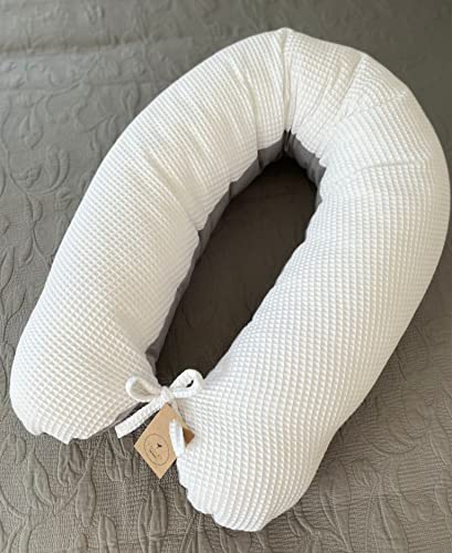 LOOLAY Schwangerschaftskissen - Stillkissen 170 cm - Seitenschläferkissen 100% Baumwolle - mit Abnehmbarem Bezug - Ergonomisches Schwanger Kissen für Schlafen (Waffel Weiß/Grau) von LOOLAY
