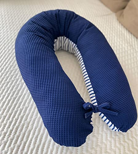 LOOLAY Schwangerschaftskissen - Stillkissen 170 cm - Seitenschläferkissen 100% Baumwolle - mit Abnehmbarem Bezug - Ergonomisches Schwanger Kissen für Schlafen (Waffel Dunkelblau/Streifen Blau-Weiß) von LOOLAY