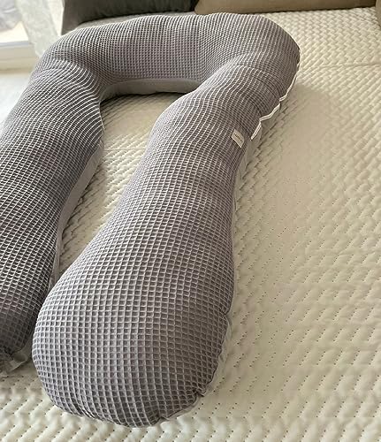 LOOLAY TYP A Relax Kingsize Waffelpique/Glatt Baumwolle XXXL 330 cm Schwangerschaftskissen Seitenschläferkissen Stillkissen Typ U Lagerungskissen (Waffelpique GRAU/Grau) von LOOLAY