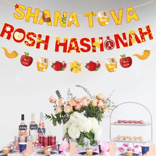 LOONELO Rosh Hashanah Hängende Banner, Shana Tova Wimpelkette, Girlande Schilder mit Granatäpfeln, Menora und Honigtopf-Dekorationen für jüdisches Neujahr, Festival, Partyzubehör, 3 Stück LOONELO Rosh Hashanah Hängende Banner, Shana Tova Wimpelkette, Girlande Schilder mit Granatäpfeln, Menora und Honigtopf-Dekorationen für jüdisches Neujahr, Festival, Partyzubehör, 3 Stück von LOONELO