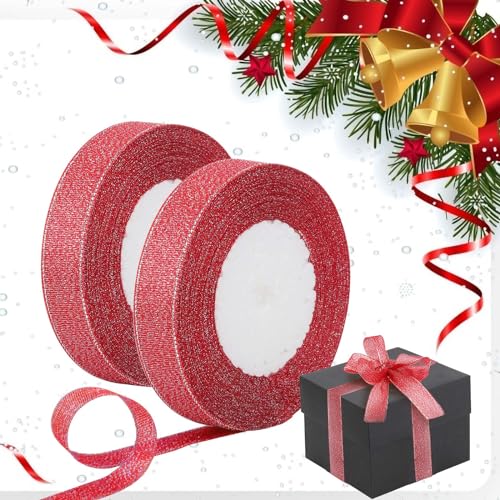 LOOPES 2Rolle Geschenkband Weihnachten Schleifenband Rot Weihnachtsband Glitzer Weihnachtsbänder Weihnachtsbaum Band zum basteln für Geschenkverpackung Weihnachtsdeko 2,2cmx50Yard von LOOPES