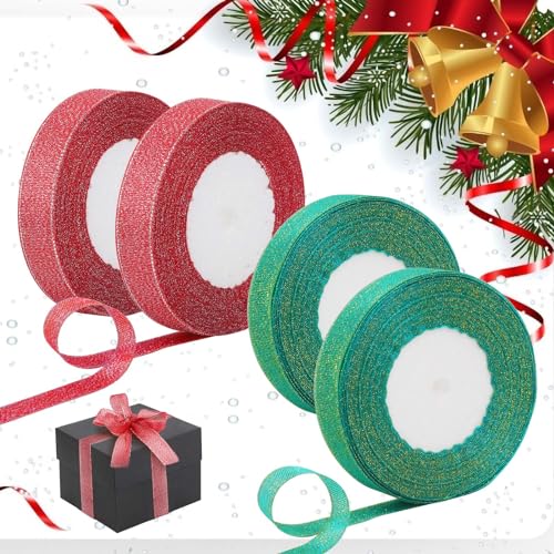 LOOPES 4Rolle Geschenkband Weihnachten Organza Weihnachtsband Rot Grün Weihnachten schleifenband Glitzer Weihnachtsbänder zum basteln für Weihnachtsdeko Christmas Geschenkverpackung 2,2cm x 100Yard von LOOPES