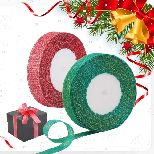 LOOPES 2Rolle Weihnachten Geschenkband Organzaband Rot Grün Weihnachts Schleifenband Glitzer Weihnachtsbänder Weihnachtskranz Band für Weihnachtsdeko Christmas Geschenkverpackung 2,2cm x 50Yard von LOOPES