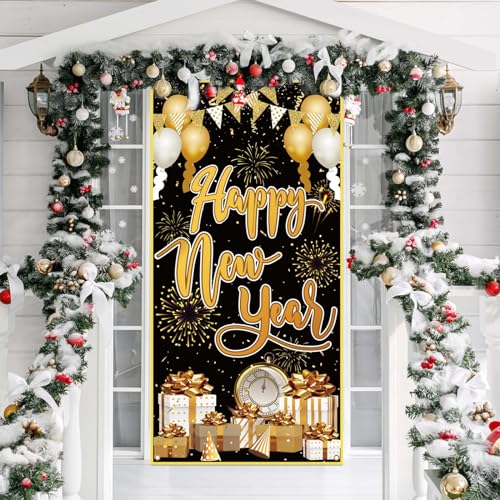 LOOPES Silvester Deko 2024 Neujahr Tür Abdeckung Dekoration Schwarz Gold 2024 Neujahrs Banner Happy New Year Deko 2024 Tür Hängen Banner für Indoor Outdoor Neujahr Silvesterparty Dekoration 91x182cm von LOOPES