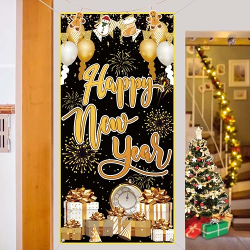 LOOPES Silvester Deko 2025 Schwarz Gold Banner Neujahr Tür Abdeckung Dekoration Neujahrs Banner Happy New Year Deko Tür Hängen Banner für Indoor Outdoor Neujahr Silvesterparty Dekoration 91x182cm von LOOPES