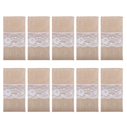 LOORGVEL 10 Stück Teiliges Bestecktaschen Jute mit Spitzenverzierung Platzsparend Rustikale Tischdeko für Hochzeit Party und Alltag Aufbewahrung für Gabeln Messer Löffel von LOORGVEL
