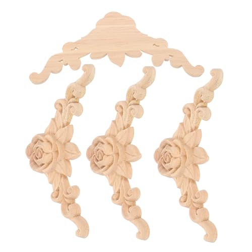 LOORGVEL 4 Stücke Holzornament Teiliges Unbemalte Holzapplikation mit Geschnitztem Rosen Eckdekoration aus Massivem Holz Europäischer Stil Möbel und Türverzierung Einfache Montage von LOORGVEL