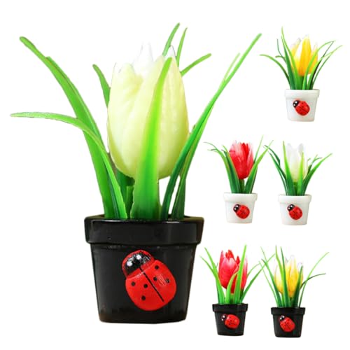 LOORGVEL 6 Stück Miniatur Tulpen Kunstpflanzen im Resin Topf Kleine Deko Bonsai für Schreibtisch Büro Puppenhaus Kompakte Wohnraumdeko Langlebige Mini Blumentöpfe von LOORGVEL