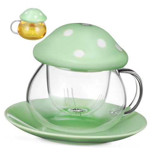LOORGVEL Glas teetasse mit Integriertem Keramik teesieb und Grünem Deckel Hitzebeständig Inklusive Keramik untersetzer für Tee Kekse und Desserts für Teeliebhaber und Alltag von LOORGVEL