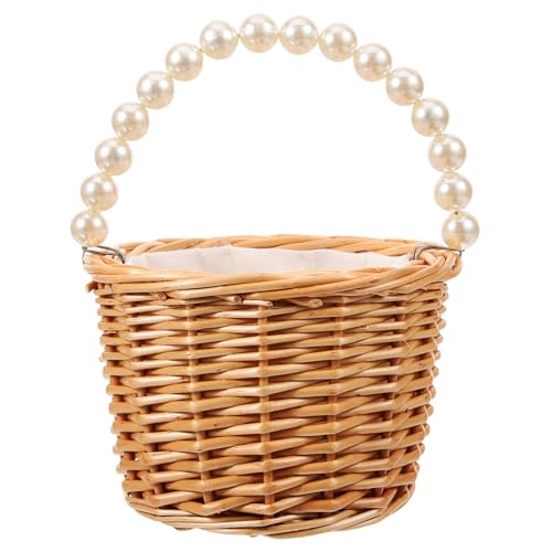 LOORGVEL Handgefertigter Weidenkorb mit Perlenhenkel Geflochtener Blumenmädchen korb für Hochzeit Vielseitiger Aufbewahrungs Geschenkkorb Kleines Handliches Design für Blumen Früchte und von LOORGVEL