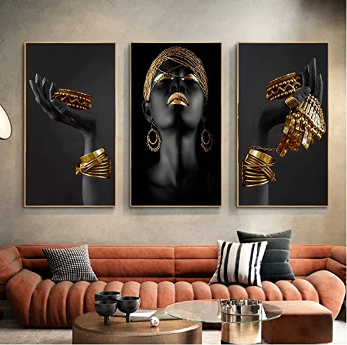 LOOU 3er set Leinwandbilder Gold Schwarz Leinwand Bilder Frau Afrikanische Wohnzimmer Schlafzimmer Dekorieren (60 x 120 cm) von LOOU
