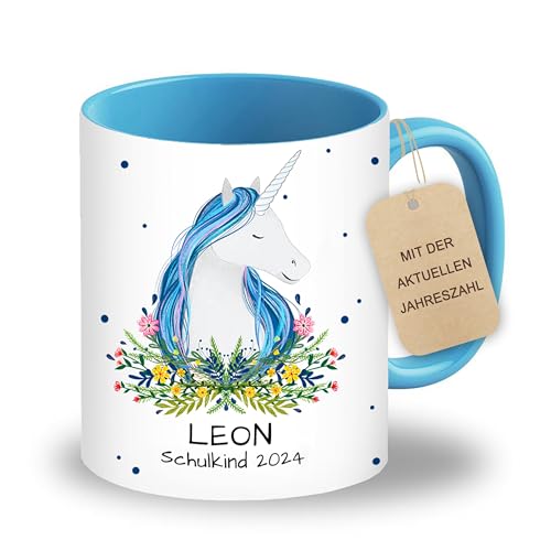 LOOXIS Personalisierte Tasse für Kinder mit Namen, Text & Motiv bedruckt – 325ml, Keramik, versch. Farben – Geschenkidee Jungen, Mädchen, Einschulung, Kindergarten – Blau, Einhorn von LOOXIS