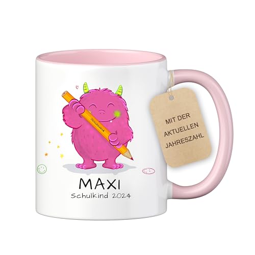 LOOXIS Personalisierte Tasse für Kinder mit Namen, Text & Motiv bedruckt – 325ml, Keramik, versch. Farben – Geschenkidee Jungen, Mädchen, Einschulung, Kindergarten – Rosa, Monster von LOOXIS