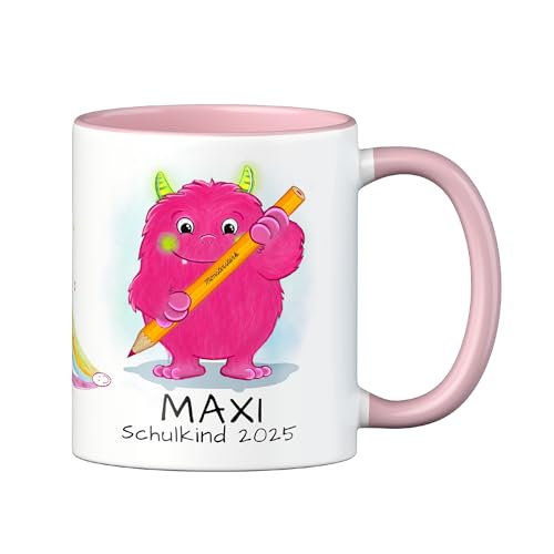 LOOXIS Personalisierte Tasse für Kinder mit Namen, Text & Motiv bedruckt – 325ml, Keramik, versch. Farben – Geschenkidee Jungen, Mädchen, Einschulung, Kindergarten – Rosa, Monster von LOOXIS