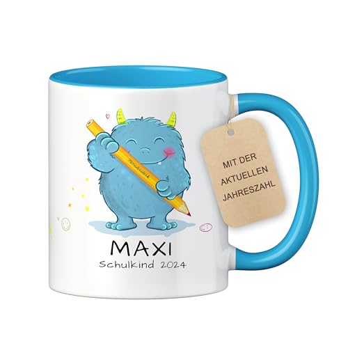 LOOXIS Personalisierte Tasse für Kinder mit Namen, Text & Motiv bedruckt – 325ml, Keramik, versch. Farben – Geschenkidee Jungen, Mädchen, Einschulung, Kindergarten – Blau, Monster von LOOXIS