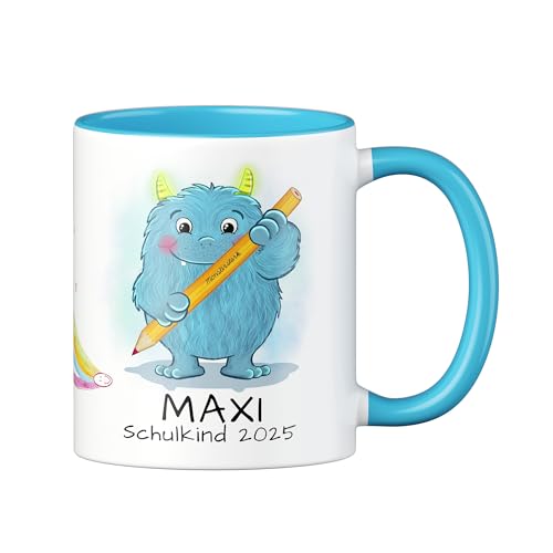 LOOXIS Personalisierte Tasse für Kinder mit Namen, Text & Motiv bedruckt – 325ml, Keramik, versch. Farben – Geschenkidee Jungen, Mädchen, Einschulung, Kindergarten – Blau, Monster von LOOXIS
