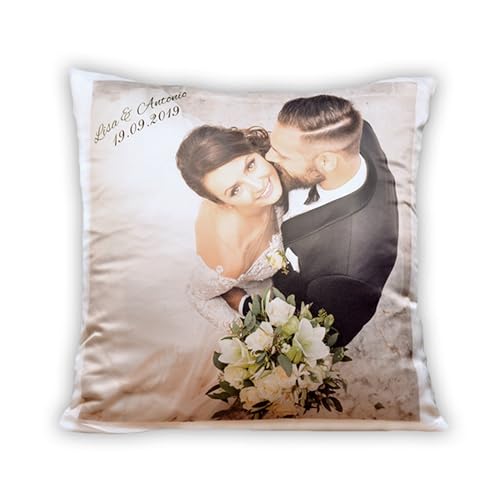 LOOXIS Personalisiertes Kissen mit Foto & Text Bedruckt, selbst gestalten – 40x40 cm, Weiß - Geschenkidee Männer, Frauen, Jahrestag, Geburtstag – Satinierte Oberfläche von LOOXIS