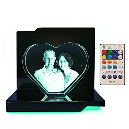 LOOXIS Personalisiertes 3D Laser-Foto vom eigenen Bild in Glas-Herz gelasert – 130 x 160 x 80 mm, Hologramm – Geschenkidee Männer, Frauen, Valentinstag, Hochzeitstag – Herz XL, inkl. Leuchtsockel von LOOXIS