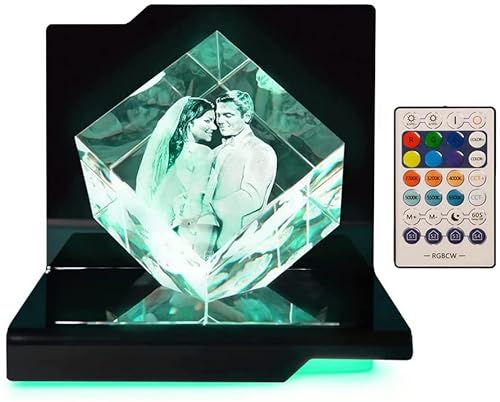 LOOXIS Personalisiertes 3D Laser-Foto vom eigenen Bild in Viamant-Glas gelasert –80 x 80 x 80 mm, Hologramm– Geschenkidee Männer, Frauen, Valentinstag, Hochzeitstag– Precious L, inkl. Leuchtsockel von LOOXIS