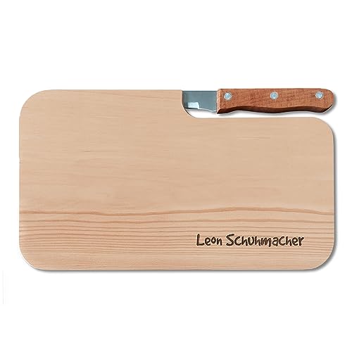 LOOXIS Personalisiertes Frühstücksbrettchen inkl. Messer, mit Namen, Text & Motiv graviert – 26x15 cm, Erlenholz, Vesperbrett – Geschenkidee Männer, Frauen, Vatertag, Muttertag – Name von LOOXIS